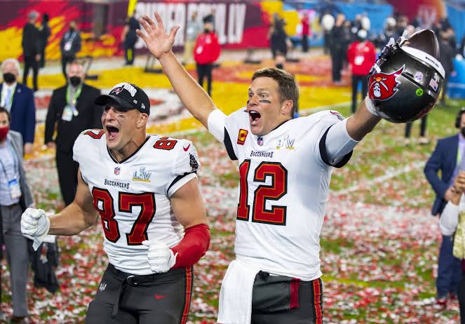 Tom Brady celebrating with the Tampa Bay Buccaneers after Super Bowl LV